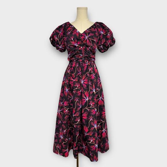Ulla Johnson Cecile Floral-Print Puff Sleeve Midi Dress in Zinnia Red Size 4 - Picture 2 of 9